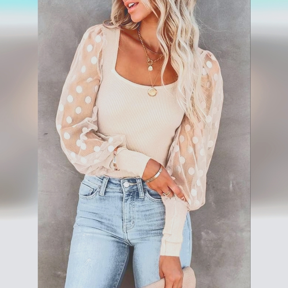 New Square Neck Polka Dot Balloon Long Sleeve top Slim Knit Ribbed apricot tan.